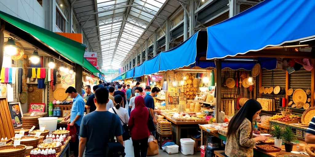 Pasar kreatif Indonesia dengan penjual dan pembeli bersemangat.