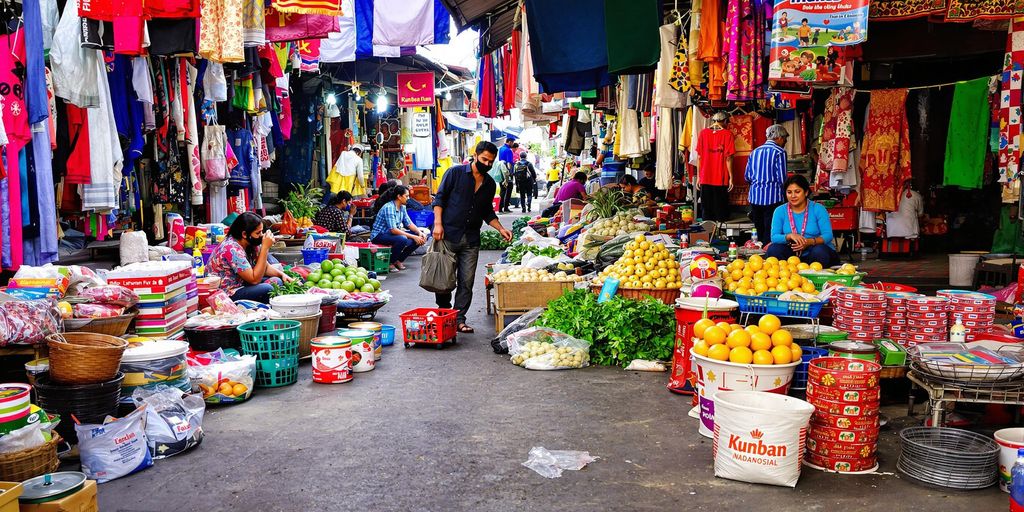 Pasar yang ramai dengan penjual dan barang lokal.